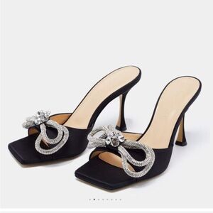 MACH & MACH Double Bow embellished satin mules